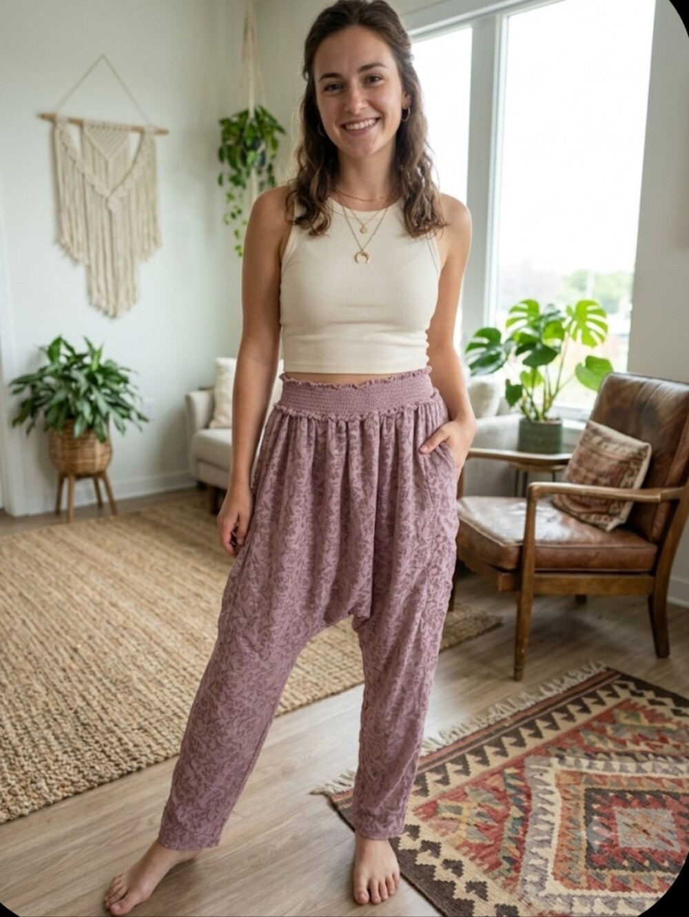 Intimately Free People Lavender Floral Lace Harem Pants Smocked Waist Size XS